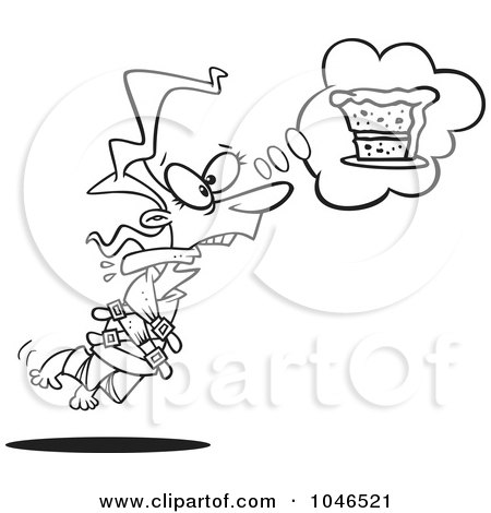 Royalty-Free (RF) Clip Art Illustration of a Cartoon Black And White Outline Design Of A Restrained Woman Craving Cake by toonaday