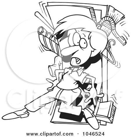 Royalty-Free (RF) Clip Art Illustration of a Cartoon Black And White Outline Design Of A Woman With A Messy Closet by toonaday