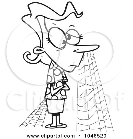 Royalty-Free (RF) Clip Art Illustration of a Cartoon Black And White Outline Design Of A Patient Woman With Cobwebs by toonaday