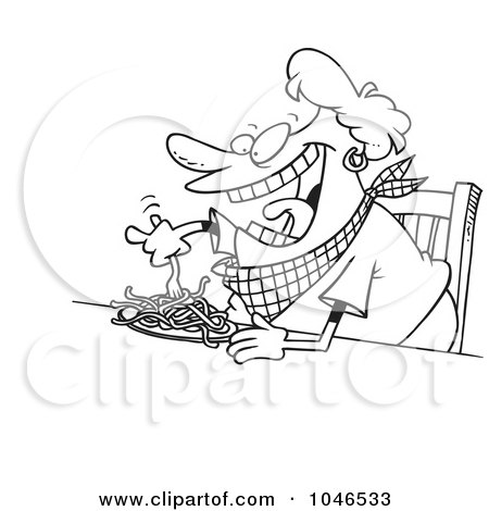 Royalty-Free (RF) Clip Art Illustration of a Cartoon Black And White Outline Design Of A Fat Woman Eating Spaghetti by toonaday