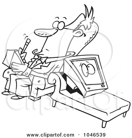 Royalty-Free (RF) Clip Art Illustration of a Cartoon Black And White Outline Design Of A Computer In Therapy by toonaday