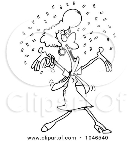 Royalty-Free (RF) Clip Art Illustration of a Cartoon Black And White Outline Design Of A Happy Woman In Confetti by toonaday