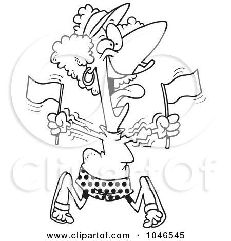 Royalty-Free (RF) Clip Art Illustration of a Cartoon Black And White Outline Design Of A Woman Waving Flags At A Parade by toonaday