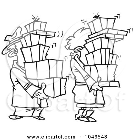 Royalty-Free (RF) Clip Art Illustration of a Cartoon Black And White Outline Design Of A Shaking Couple Carrying Packages by toonaday