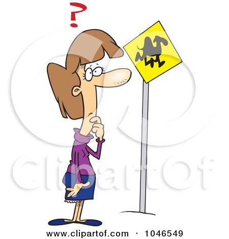 Royalty-Free (RF) Clip Art Illustration of a Cartoon Woman Looking At A Camel Crossing Sign by toonaday