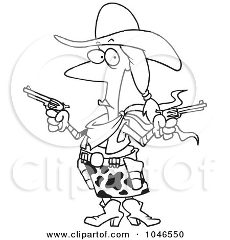 Royalty-Free (RF) Clip Art Illustration of a Cartoon Black And White Outline Design Of A Cowgirl Holding Guns by toonaday