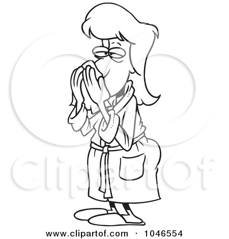 Royalty-Free (RF) Clip Art Illustration of a Cartoon Black And White Outline Design Of A Woman With A Cold by toonaday
