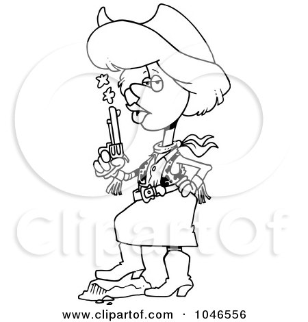 Royalty-Free (RF) Clip Art Illustration of a Cartoon Black And White Outline Design Of A Cowgirl Blowing On A Smoking Gun by toonaday