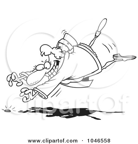 Royalty-Free (RF) Clip Art Illustration of a Cartoon Black And White Outline Design Of A Woman Diving For A Coin by toonaday