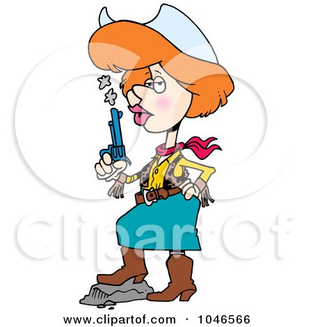 Royalty-Free (RF) Clip Art Illustration of a Cartoon Cowgirl Blowing On A Smoking Gun by toonaday