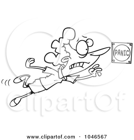 Royalty-Free (RF) Clip Art Illustration of a Cartoon Black And White Outline Design Of A Lady Pushing A Panic Button by toonaday