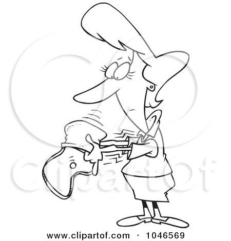 Royalty-Free (RF) Clip Art Illustration of a Cartoon Black And White Outline Design Of A Woman Dumping A Coin Out Of Her Purse by toonaday
