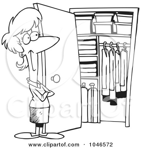 Royalty-Free (RF) Clip Art Illustration of a Cartoon Black And White Outline Design Of A Woman With A Clean Closet by toonaday