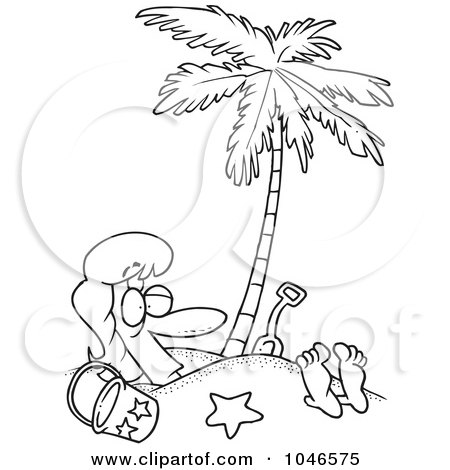 Royalty-Free (RF) Clip Art Illustration of a Cartoon Black And White Outline Design Of A Woman Buried In Sand Under A Palm Tree by toonaday