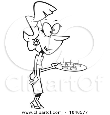 Royalty-Free (RF) Clip Art Illustration of a Cartoon Black And White Outline Design Of A Party Hostess Serving Snacks by toonaday