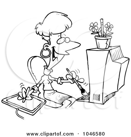 Royalty-Free (RF) Clip Art Illustration of a Cartoon Black And White Outline Design Of A Female Illustrator by toonaday