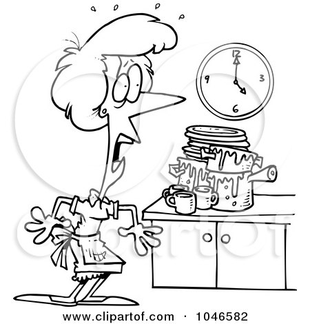 Royalty-Free (RF) Clip Art Illustration of a Cartoon Black And White Outline Design Of A Woman Panicking In A Messy Kitchen by toonaday