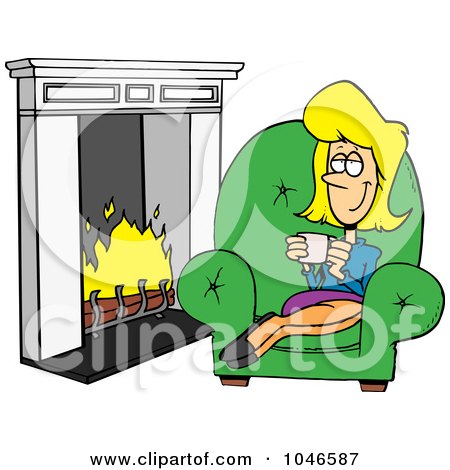 Royalty-Free (RF) Clip Art Illustration of a Cartoon Woman Drinking Coffee By A Fireplace by toonaday