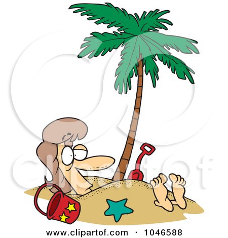 Royalty-Free (RF) Clip Art Illustration of a Cartoon Woman Buried In Sand Under A Palm Tree by toonaday