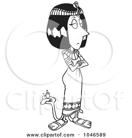 Royalty-Free (RF) Clip Art Illustration of a Cartoon Black And White Outline Design Of Cleopatra With A Snake by toonaday
