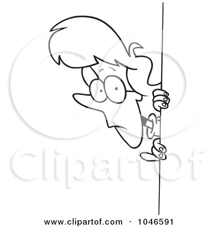 Royalty-Free (RF) Clip Art Illustration of a Cartoon Black And White Outline Design Of A Woman Peeking Around A Corner by toonaday