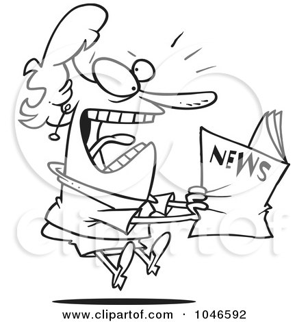 Royalty-Free (RF) Clip Art Illustration of a Cartoon Black And White Outline Design Of A Woman Reading Exciting News by toonaday