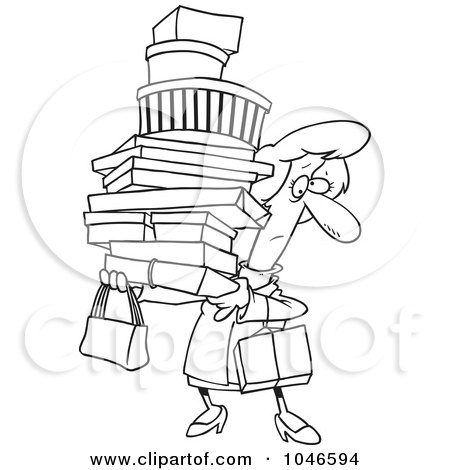Royalty-Free (RF) Clip Art Illustration of a Cartoon Black And White Outline Design Of A Shopping Woman Carrying Packages by toonaday