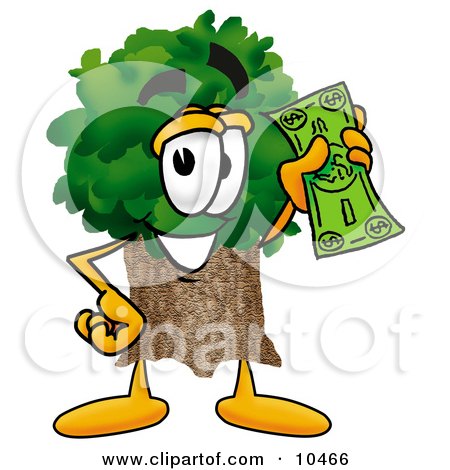 Clipart Picture of a Tree Mascot Cartoon Character Holding a Dollar Bill by Mascot Junction