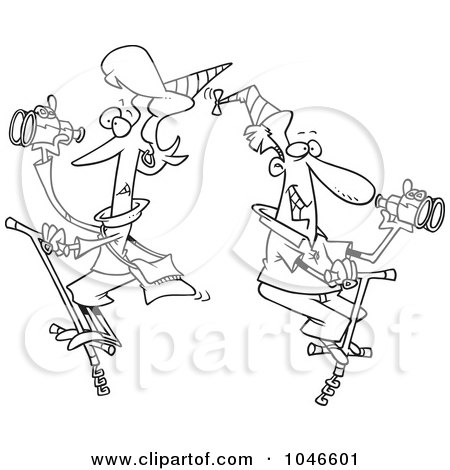 Royalty-Free (RF) Clip Art Illustration of a Cartoon Black And White Outline Design Of A Couple Patrolling On Pogo Sticks by toonaday