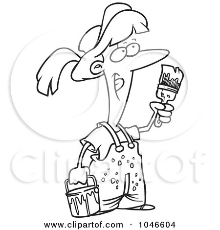 Royalty-Free (RF) Clip Art Illustration of a Cartoon Black And White Outline Design Of A Female Painter by toonaday