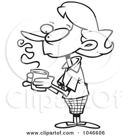 Royalty-Free (RF) Clip Art Illustration of a Cartoon Black And White Outline Design Of A Thinking Woman Holding Coffee by toonaday