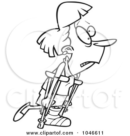 Royalty-Free (RF) Clip Art Illustration of a Cartoon Black And White Outline Design Of A Woman Using Crutches by toonaday