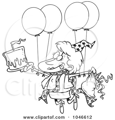 Royalty-Free (RF) Clip Art Illustration of a Cartoon Black And White Outline Design Of A Birthday Party Woman by toonaday