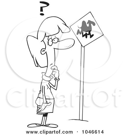 Royalty-Free (RF) Clip Art Illustration of a Cartoon Black And White Outline Design Of A Woman Looking At A Camel Crossing Sign by toonaday
