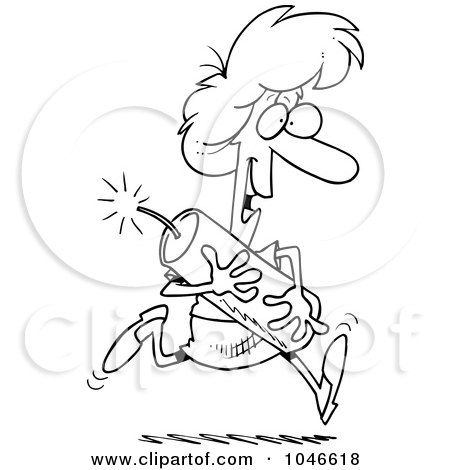 Royalty-Free (RF) Clip Art Illustration of a Cartoon Black And White Outline Design Of A Woman Running With Dynamite by toonaday
