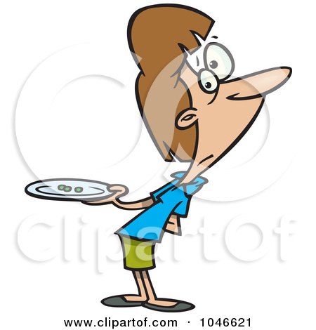 Royalty-Free (RF) Clip Art Illustration of a Cartoon Hungry Woman Holding A Plate With Three Peas by toonaday