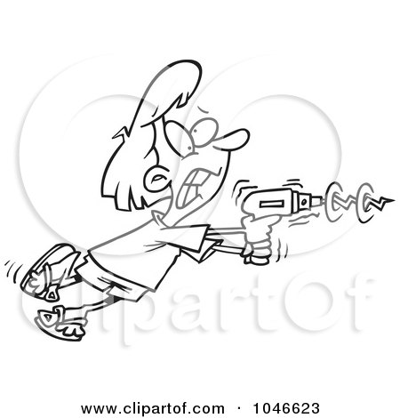 Royalty-Free (RF) Clip Art Illustration of a Cartoon Black And White Outline Design Of A Woman Using A Power Drill by toonaday