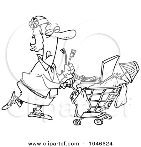 Royalty-Free (RF) Clip Art Illustration of a Cartoon Black And White Outline Design Of A Homeless Woman Pushing A Laptop On Her Cart by toonaday