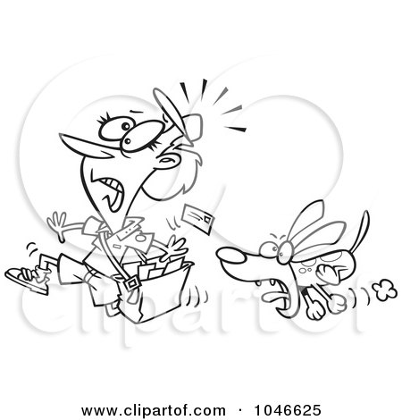 Royalty-Free (RF) Clip Art Illustration of a Cartoon Black And White Outline Design Of A Dog Chasing A Mail Woman by toonaday