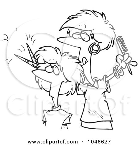 Royalty-Free (RF) Clip Art Illustration of a Cartoon Black And White Outline Design Of A Woman Cutting Hair At A Salon by toonaday