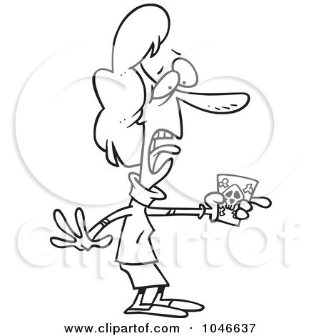 Royalty-Free (RF) Clip Art Illustration of a Cartoon Black And White Outline Design Of A Woman Holding Poison by toonaday