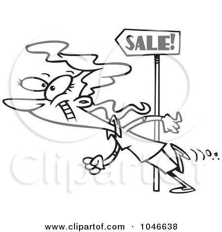 Royalty-Free (RF) Clip Art Illustration of a Cartoon Black And White Outline Design Of A Woman Following Sale Signs by toonaday