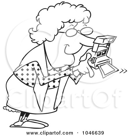 Royalty-Free (RF) Clip Art Illustration of a Cartoon Black And White Outline Design Of A Granny Using A Polaroid Camera by toonaday
