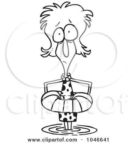Royalty-Free (RF) Clip Art Illustration of a Cartoon Black And White Outline Design Of A Woman Standing In Shallow Water With A Life Buoy by toonaday