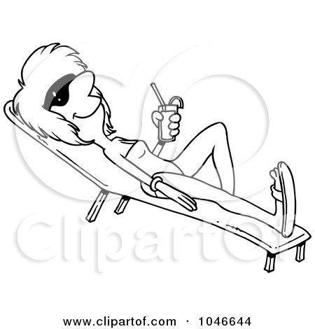 Royalty-Free (RF) Clip Art Illustration of a Cartoon Black And White Outline Design Of A Woman Sun Bathing With A Beverage by toonaday