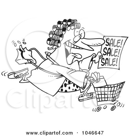 Royalty-Free (RF) Clip Art Illustration of a Cartoon Black And White Outline Design Of A Woman In Her Robe And Curlers, Running To A Sale by toonaday