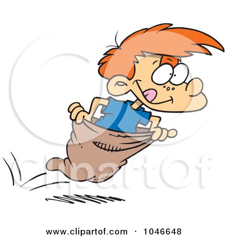 Royalty-Free (RF) Clip Art Illustration of a Cartoon Boy Hopping In A Sack Race by toonaday