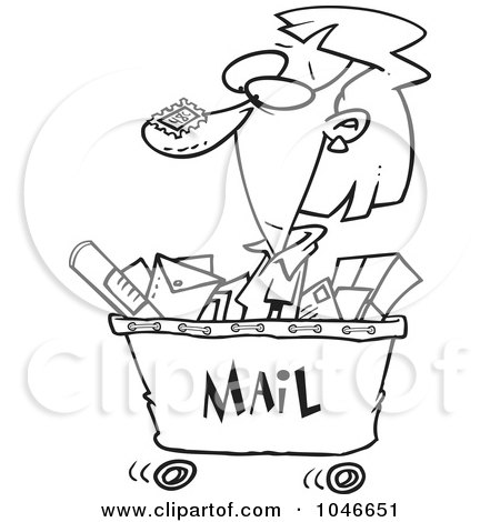 Royalty-Free (RF) Clip Art Illustration of a Cartoon Black And White Outline Design Of A Woman In A Mail Cart by toonaday