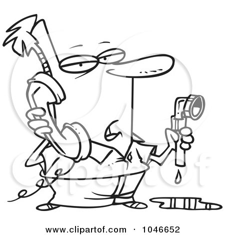 Royalty-Free (RF) Clip Art Illustration of a Cartoon Black And White Outline Design Of A Man Calling A Plumber by toonaday