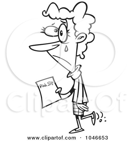 Royalty-Free (RF) Clip Art Illustration of a Cartoon Black And White Outline Design Of A Sad Businesswoman Holding A Pink Slip by toonaday